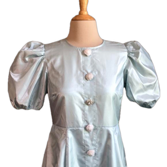 DANIELLE BERNSTEIN Size 6 Delicate Blue Rhinestone Puff Sleeve Satin Mini Dress - Picture 6 of 16